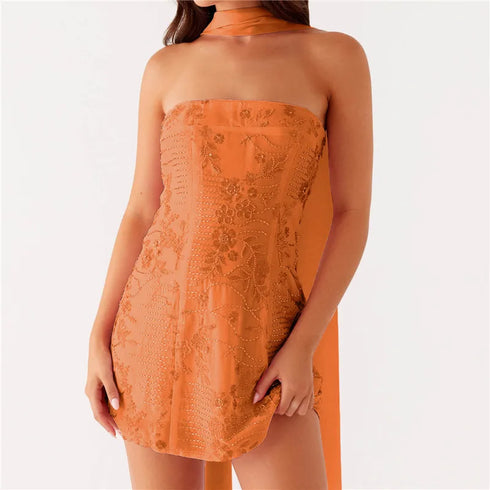 Sequin Strapless Mini Dress with Scarf Y2K Rhinestone Sleeveless Off Shoulder Design for Parties